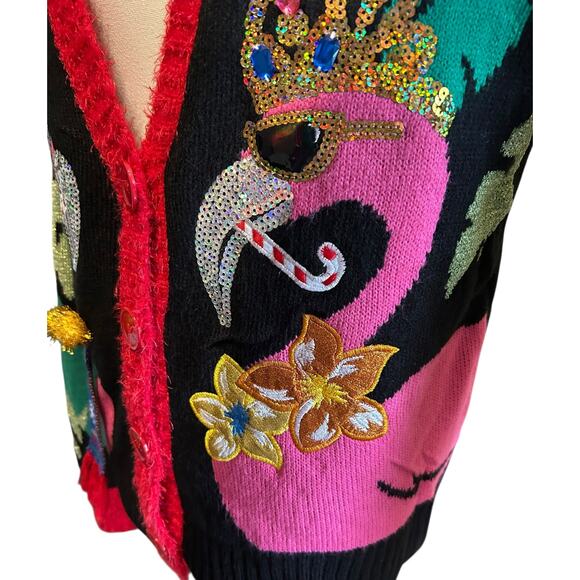 Ugly Christmas Sweater Cardigan Black Pink Flamingo SZ LG 33 Degrees Costume - Picture 7 of 12